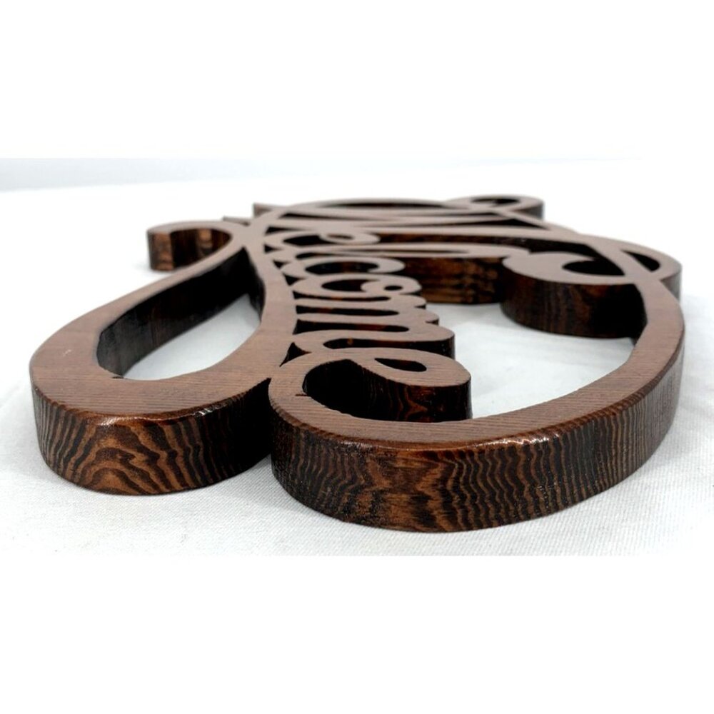 Welcome Sign Cut Wood Script Lettering Brown Wall Decor Handcrafted 13" - Picture 7 of 8